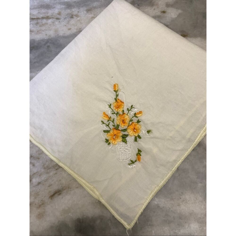 Yellow Flowers Embroidered Antique Handkerchief #keepsake